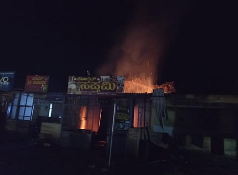 Hotel Sapthami in fire near Brahmavara on Wednesday night.