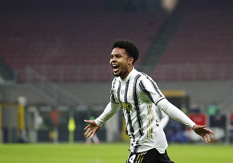 Juventus' Weston McKennie celebrates after scoring his side's third goal during the Serie A soccer match between AC Milan and Juventus. (Photo | AP)