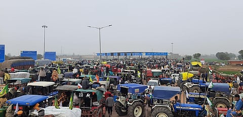 Farmers tractor march at western peripheral on Thursday. (Photo | Shekhar Yadav, EPS)