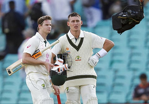 Australia's Steve Smith, left, and Marnus Labuschagne are interviewed on camera. (Photo | AP)