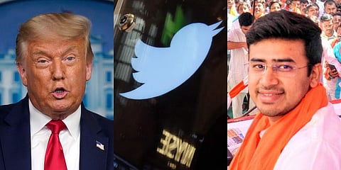 US President Donald Trump (L) and BJP MP Tejaswi Surya (Photo | AP and EPS)