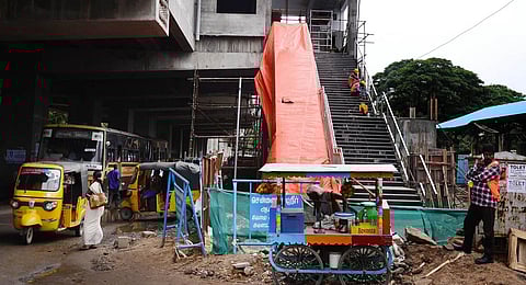 Construction works underway at Tiruvothiyur Metro station in North Chennai on Friday. (Photo | Debadatta Mallick, EPS)