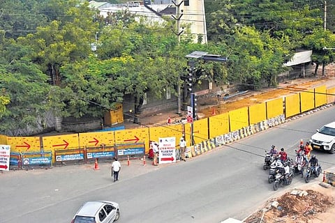Construction of a steel-bridge flyover of 2.6 km from Indira Park to VST main road commences, in Hyderabad on Friday. (Photo | Vinay Madapu, EPS)