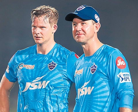 Delhi Capitals coach Ricky Ponting with fellow Aussie Steve Smith | SPORTZPICS