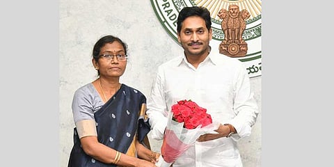 YSRC nominee for Badvel by-election Dr Sudha with Chief Minister YS Jagan Mohan Redddy at his camp office in Tadepalli on Thursday | Express