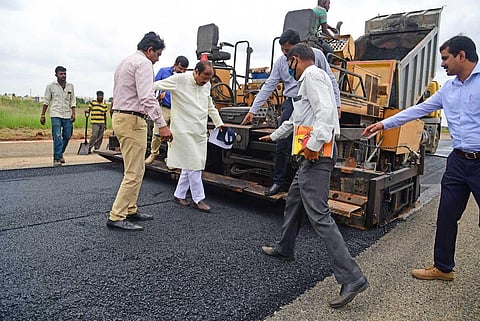 Youth Services and Sports Minister KC Narayan Gowda inspects ongoing works at the Government Flying Training School (GFTS) at Jakkur in Bengaluru. (Photo | Shriram BN, EPS)