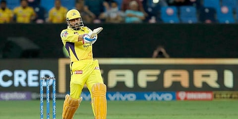 MS Dhoni captain of CSK hitting a boundary during qualifier 1 match IPL 2021 against DC at the Dubai International Stadium in UAE on Sunday. (Photo | Sportzpics for IPL)