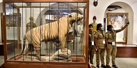 Lady police officers click a selfie at Tamil Nadu Police Museum at Egmore in Chennai. (Photo| P Jawahar, EPS)