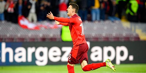Switzerland's midfielder Christian Fassnacht celebrates scoring. (Photo | AP)