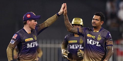 Sunil Narine of KKR celebrates the wicket of KS Bharat of RCB during the eliminator match of IPL 2021Â at the Sharjah Cricket Stadium in Sharjah on Monday. (Photo | ANI)