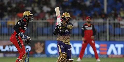 Sunil Narine of KKR plays a shot during the eliminator match of the IPL 2021 against RCB held at Sharjah Cricket Stadium, Sharjah in UAE on 11th October 2021. (Photo | Sportzpics for IPL)