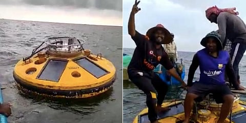 Fishermen perch on top of the buoy that was drifting off Parappanangadi. (Photo | EPS)