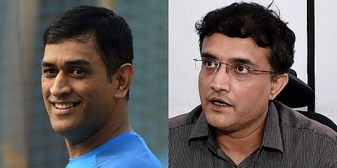 Former captain MS Dhoni (L) and BCCI president Sourav Ganguly (File photo| PTI)