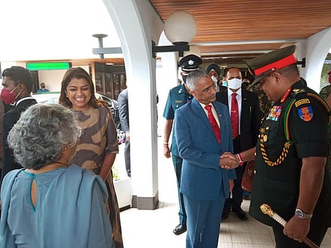 General MM Naravane welcomed by General Shavendra Silva Chief of Defence Staff and Commander of Sri Lankan Army at the airport. (Photo | Twitter)