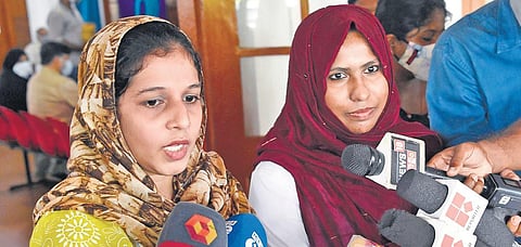 Former Haritha office-bearers Najma Tabsheera and Mufeeda Tessni speaking to reporters after attending the women’s commission adalat in Kozhikode | Express