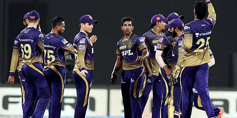 Shivam Mavi of KKR celebrates wicket of Marcus Stoinis of DC during the qualifier 2 match IPL 2021 at Sharjah Cricket Stadium in Sharjah on Wednesday. (Photo | ANI)
