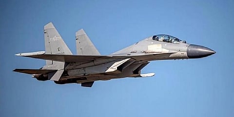 A Chinese PLA J-16 fighter jet flies in an undisclosed location. (Photo | AP)