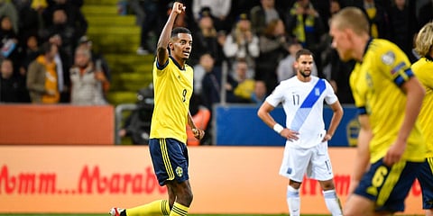 Swedens' Alexander Isak celebrates scoring during the World Cup Group B qualifying match against Greece at Friends Arena in Stockholm. (Photo| AP)