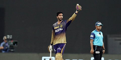 Venkatesh Iyer of KKR celebrates his half-century during qualifier 2 match of the IPL 2021 against Delhi Capitals at Sharjah Cricket Stadium in Sharjah on Wednesday. (Photo | ANI)