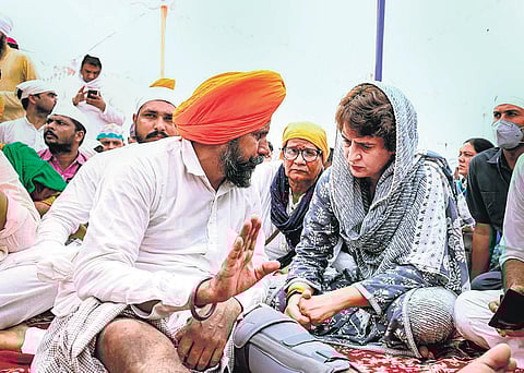 Priyanka Gandhi during the ‘Antim Ardas’ of Lakhimpur Kheri victims | PTI