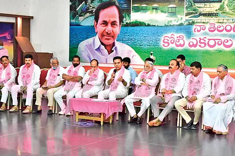 TRS working president KT Rama Rao addresses a press meet to announce the elections for a TRS president at Telangana Bhavan in Hyderabad on Wednesday