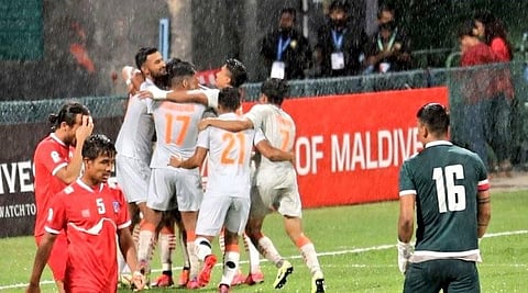 Indian men's football team players celebrate after scoring a goal against Nepal in the SAFF championship final 2021. (Photo | TWitter/@@airnewsalerts)