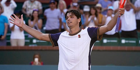 US tennis star Taylor Fritz reacts after defeating Alexander Zverev at the BNP Paribas Open tournament. (Photo| AP)