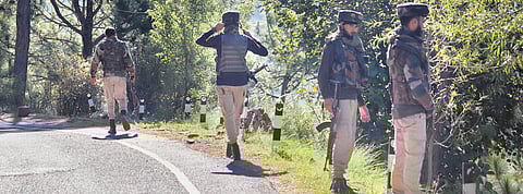 Security personnel stand guard at the encounter site in Bhatadurian area in J&K’s Poonch district on Friday | Pti