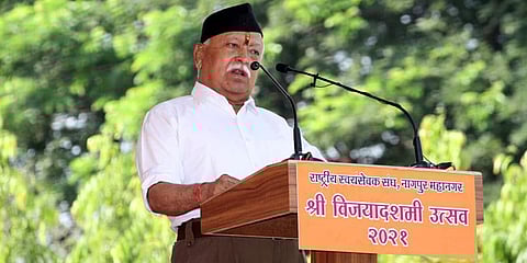 RSS chief Mohan Bhagwat speaks during his annual Vijaya Dashami address in Nagpur. (Photo | ANI)