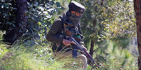 Security personnel in position at the encounter site in Bhatadurian area of Mendhar in J&K's Poonch district. (Photo | ANI)