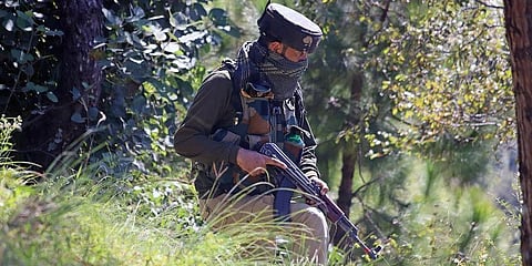 Security personnel in position at the encounter site in Bhatadurian area of Mendhar in J&K's Poonch district. (File photo | ANI)