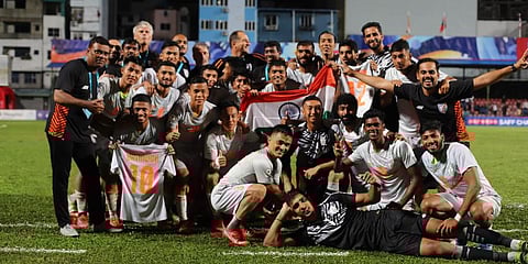 Indian captain Sunil Chhetri poses for a photo with his teammates after SAFF Championships final against Nepal. (Photo @IndianFootball)