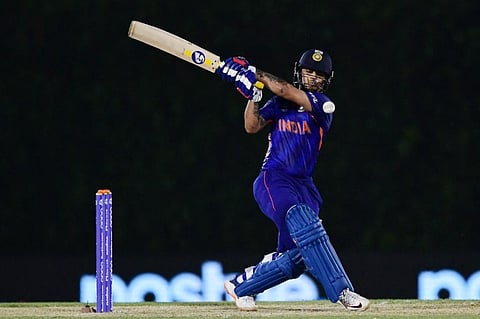 ndia's Ishan Kishan plays a shot during the warmup cricket match between India and England for the ICC men’s Twenty20 World Cup at the ICC Cricket Academy Ground in Dubai on Oct 18, 2021. (Photo | AFP