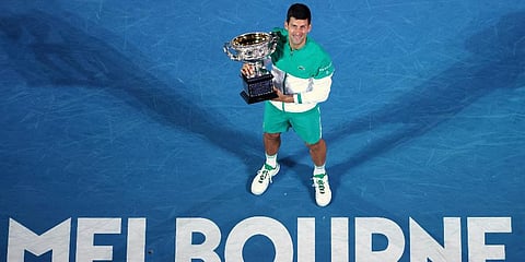 Serbia's Novak Djokovic after beating Daniil Medvedev in the 2020 Australian Open final in Melbourne. (File Photo | AP)