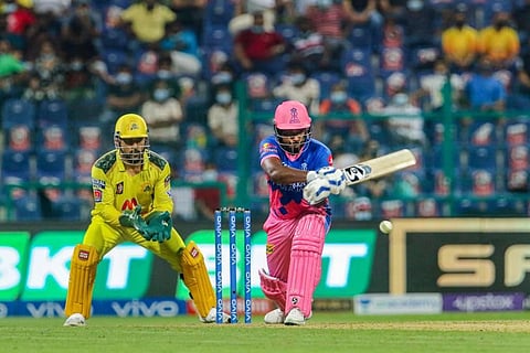 Sanju Samson captain of Rajasthan Royals plays a shot during match 47 of the Indian Premier League between the Rajasthan Royals and the Chennai Super Kings. (Photo | PTI)