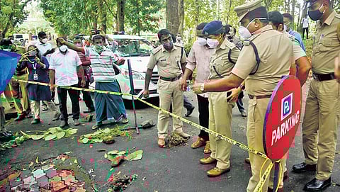 Kottayam district police chief Shilpa Devaiah visiting the spot where Nithinamol was killed at St Thomas College in Pala on Friday