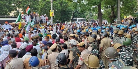 Farmers protest Karnal outside Haryana CM Khattar’s private residence.