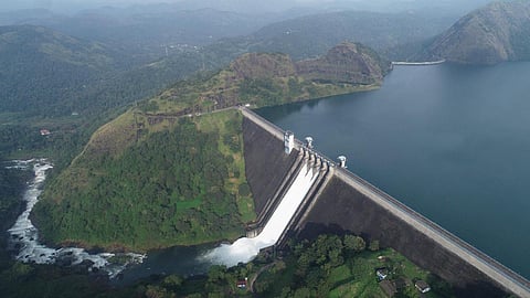Water gushes after three shutters of Cheruthoni dam were raised by 35cm on Tuesday. One lakh litres of water is being released per second. (Photo | Express)