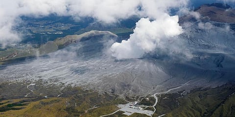 Smoke rises from a crater of Mr. Aso, Kumamoto prefecture, southwestern Japan, Wednesday, Oct. 20, 2021. (Photo | AP)