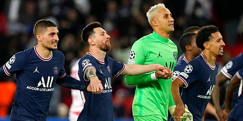 PSG's Marco Verratti, Lionel Messi, Keylor Navas and Marquinhos celebrate after the Champions League group A soccer match against RB Leipzig. (Photo | AP)