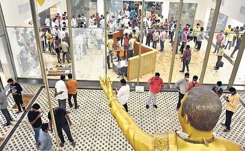 The TDP office at Mangalagiri in Guntur district, which was attacked on Tuesday. (Photo | EPS/P Ravindra Babu)