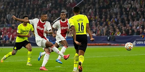 Ajax's Sebastien Haller takes a shot against Borussia Dortmund. (Photo | AP)
