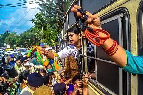 Activists of BJP Mahila Morcha being arrested in front of CM's residence over the Mamita Meher murder case issue, in Bhubaneswar on Wednesday. (Photo | Biswanath Swain/EPS)