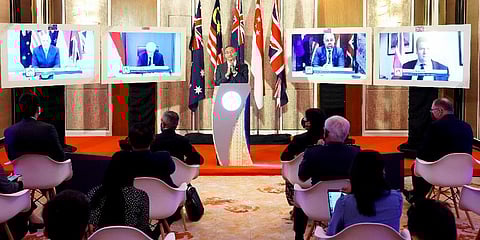 Malaysian Defense Minister Hishammuddin Hussein speaks during a press conference after the Five Powers Defense Arrangements (FPDA) meeting in Kuala Lumpur, Malaysia, Oct. 21, 2021. (Photo | AP)