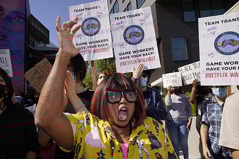 Producer Cheryl Rich joins protesters outside the Netflix building in the Hollywood section of Los Angeles, Wednesday, Oct. 20, 2021. (Photo | AP)
