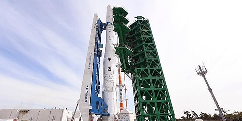 Nuri rocket, the first domestically produced space rocket, sits on its launch pad at the Naro Space Center in Goheung, South Korea, Wednesday, Oct. 20, 2021. (Photo | AP)