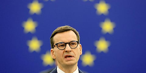 Poland's Prime Minister Mateusz Morawiecki delivers his speech Tuesday, Oct. 19, 2021 at the European Parliament in Strasbourg, eastern France. (Photo | AP)