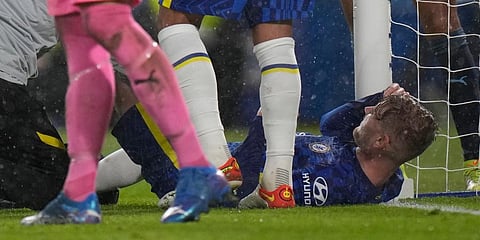 Chelsea's Timo Werner is injured during the Champions League group H match against Malmo. (Photo | AP)