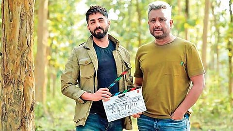 Actor Ayushmann Khurrana with director Anubhav Sinha in the sets of 'Anek'.