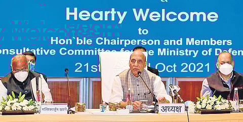 Defence Minister Rajnath Singh addresses the Consultative Committee of the Defence Ministry, in Bengaluru on Thursday